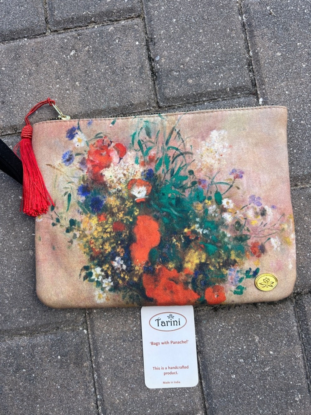 Floral Canvas Clutch with Red Tassel - Multi/Red